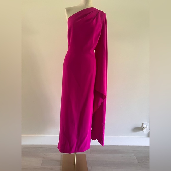 TERI JON STRETCH CREPE CAPE ONE SHOULDER SLEEVE GOWN - Picture 2 of 4